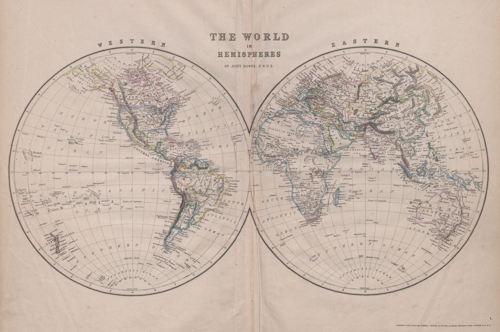 World in Hemispheres. Baja California part of US. Kong Mountains WELLER 1868 map